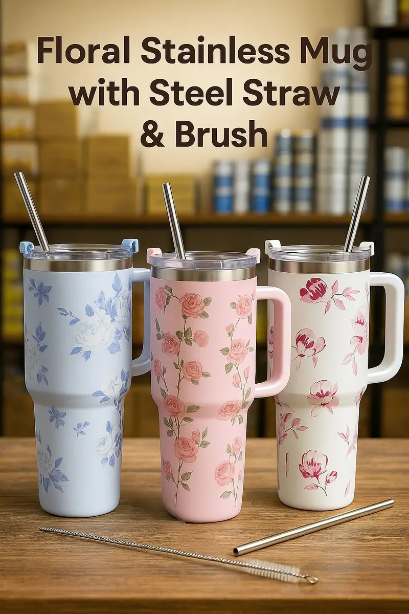 40 Oz Stainless Steel Floral Tumbler With Reusable Straw & Cleaning Brush 1