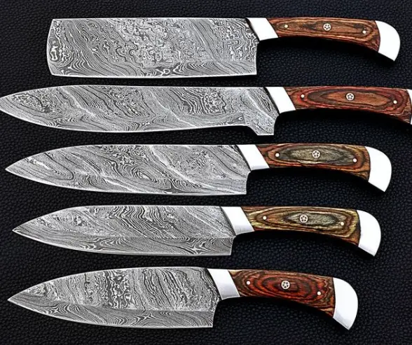 5-Piece Damascus Kitchen Knife Set – Artisan-Crafted Blades With Premium Leather Wrap Case 1