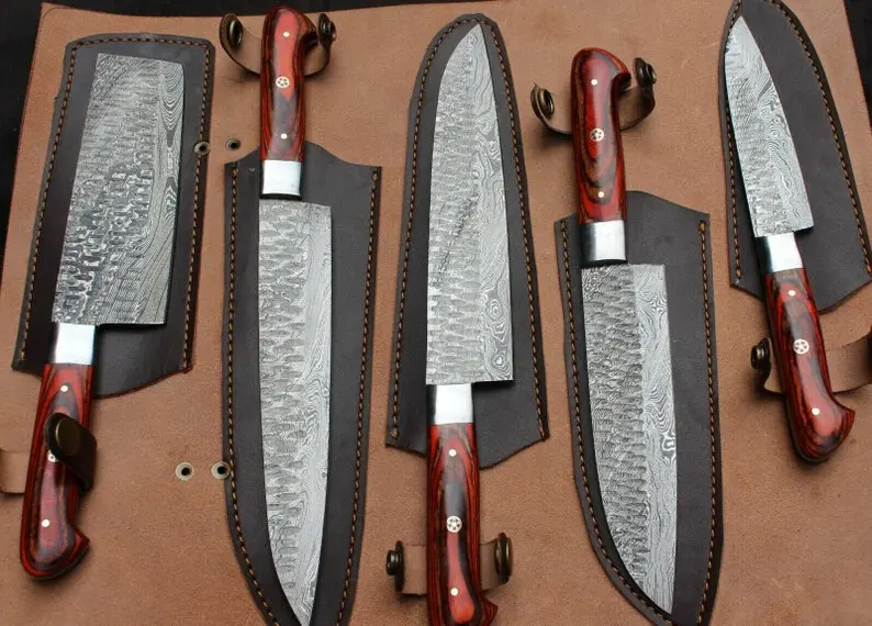 5-Piece Handcrafted Damascus Chef Knife Set With Leather Storage Cover 1