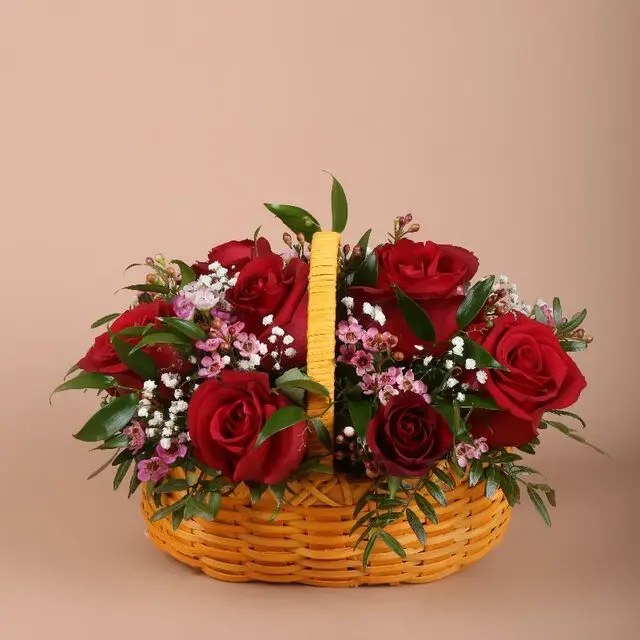 Floral Romance Basket – Premium Red Roses And Greens 1
