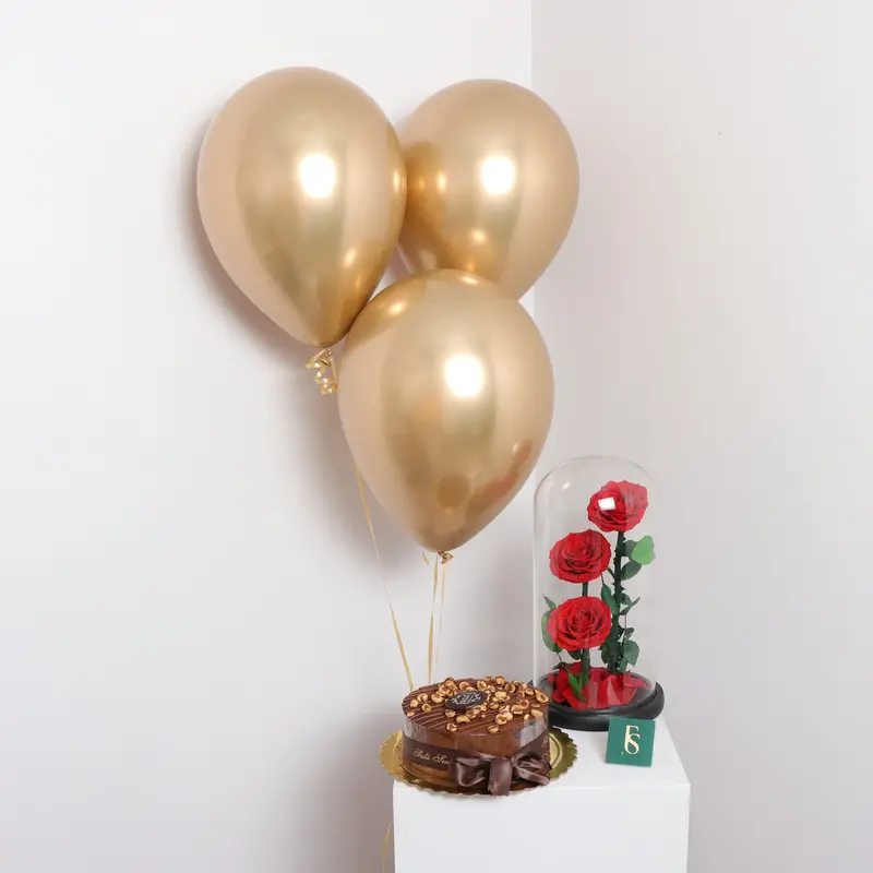 Forever Rose With Celebration Cake And Balloons – Gift Set 1