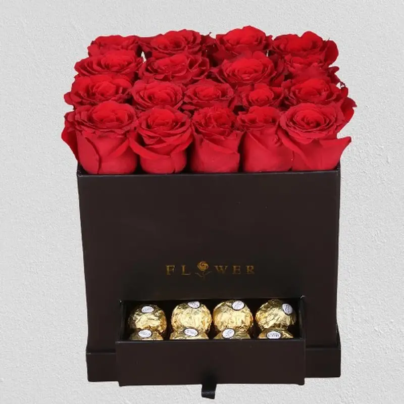 Grande Square Red Rose Arrangement In Sleek Black Gift Box 1