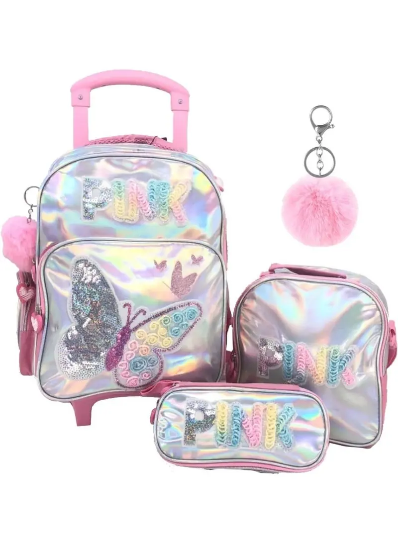 I-Kola Pink Butterfly 15" Shining Pu 3-Piece Trolley Set – Rolling School Bag, Lunch Bag & Pencil Case (B861-15T3) 1