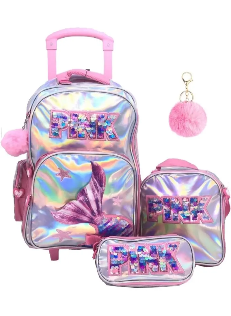 I-Kola Pink-Mmr 15" Shining Pu 3-Piece Trolley Set – Rolling School Bag, Lunch Bag & Pencil Case (B865-15T3) 1