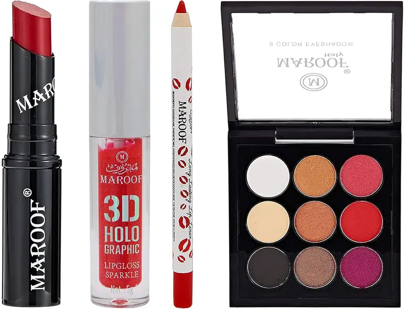 Maroof Complete Color Cosmetics Set – Lip Trio + 9-Shade Eyeshadow Palette (4-Piece Combo) 1