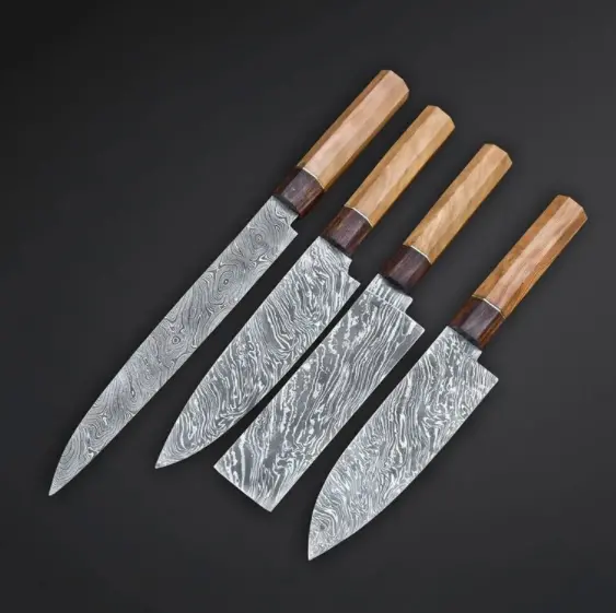 Olive & Rosewood Handle Damascus Chef Set – 4-Piece Artisan Kitchen Knife Collection 1