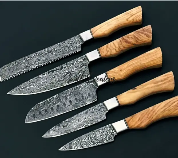 Olive Wood Handle Damascus Chef Knife Set — 5-Piece Gourmet Collection With Leather Cover 1