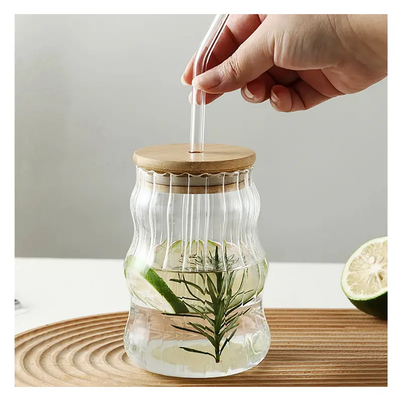 Ribbed Wave Glass Tumbler Set – Transparent Iced Coffee Cup With Leak-Proof Lid & Reusable Straw 1