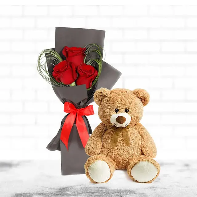 Romantic Red Roses Bouquet Paired With Plush Teddy Bear 1