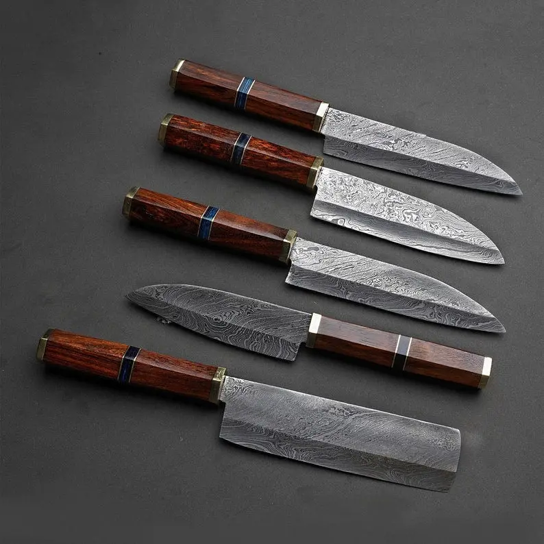 Set Of 5 Handcrafted Damascus Chef Knives In Leather-Wrapped Case 1