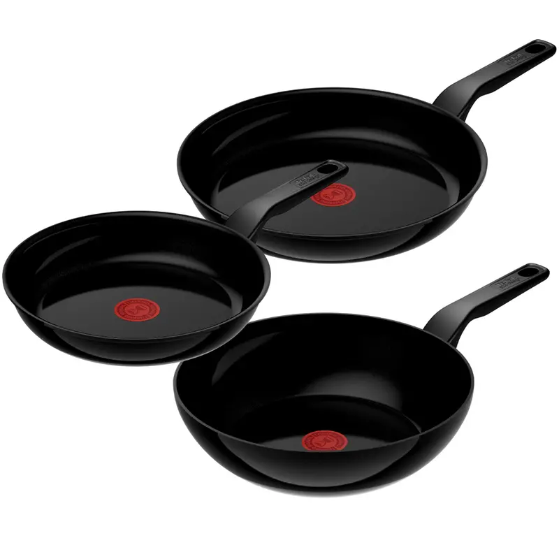 Tefal Renew Black Ceramic Cookware Trio: 24/28 Cm Fry Pans + 28 Cm Wok 1